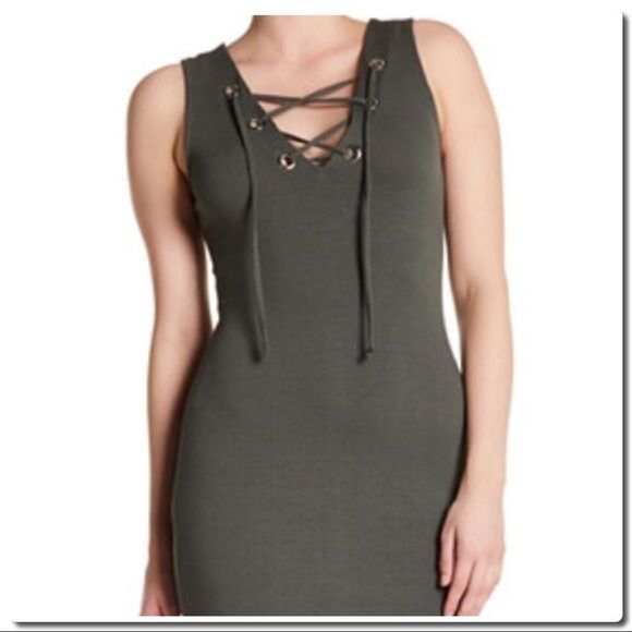 LACE up Mini Dress in Olive - Picture 2 of 7